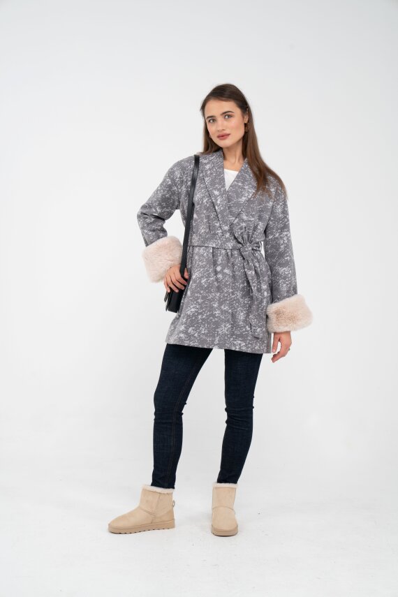 Desenli Kürk Manşet Detaylı Kuşaklı Kadın Kaban 1766 - 7