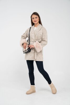 Desenli Kürk Manşet Detaylı Kuşaklı Kadın Kaban 1766 - 9