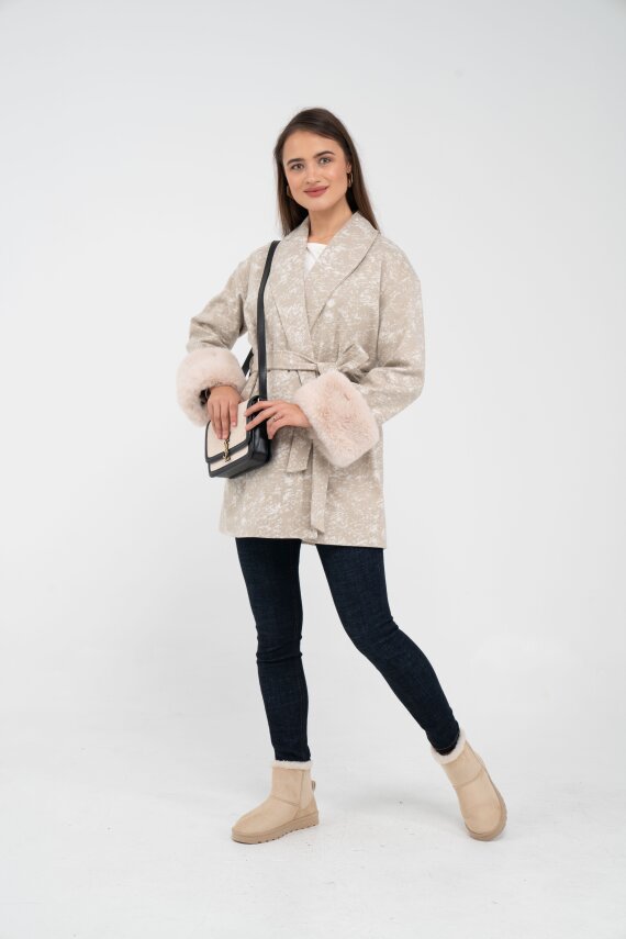 Desenli Kürk Manşet Detaylı Kuşaklı Kadın Kaban 1766 - 9