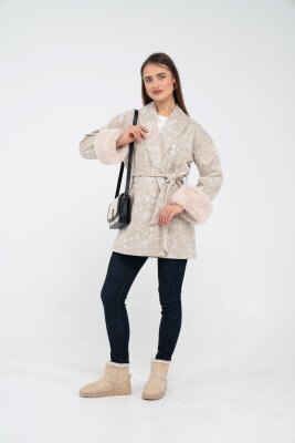 Desenli Kürk Manşet Detaylı Kuşaklı Kadın Kaban 1766 - 10