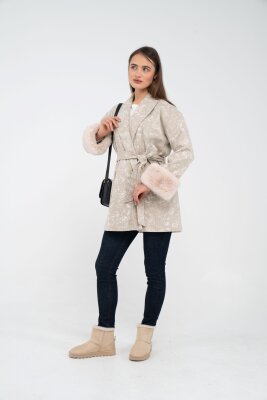 Desenli Kürk Manşet Detaylı Kuşaklı Kadın Kaban 1766 - 11