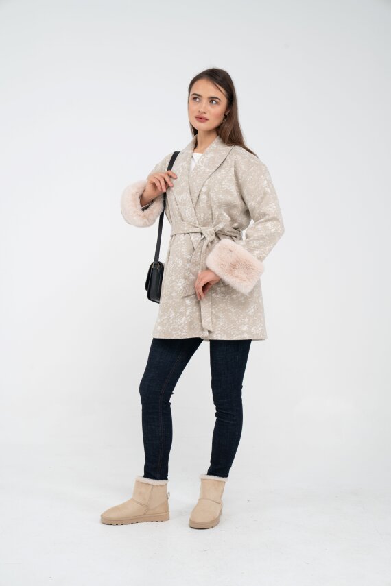 Desenli Kürk Manşet Detaylı Kuşaklı Kadın Kaban 1766 - 11