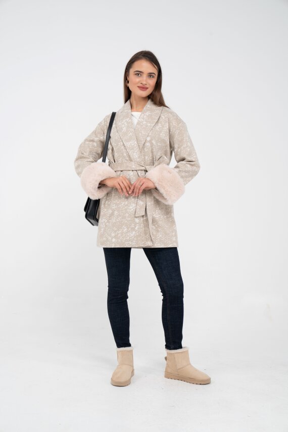 Desenli Kürk Manşet Detaylı Kuşaklı Kadın Kaban 1766 - 12