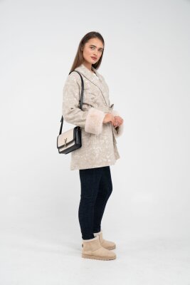 Desenli Kürk Manşet Detaylı Kuşaklı Kadın Kaban 1766 - 15