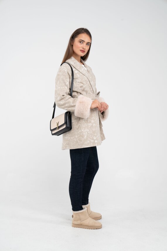 Desenli Kürk Manşet Detaylı Kuşaklı Kadın Kaban 1766 - 15