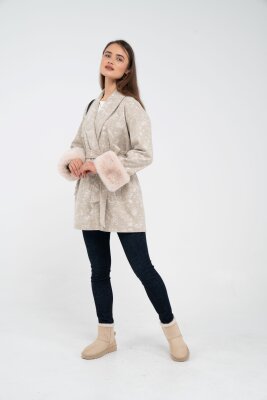 Desenli Kürk Manşet Detaylı Kuşaklı Kadın Kaban 1766 - 16