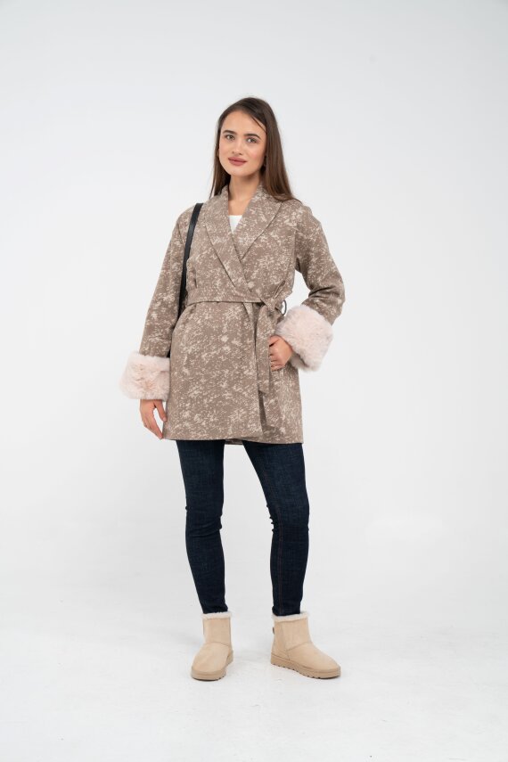 Desenli Kürk Manşet Detaylı Kuşaklı Kadın Kaban 1766 - 18