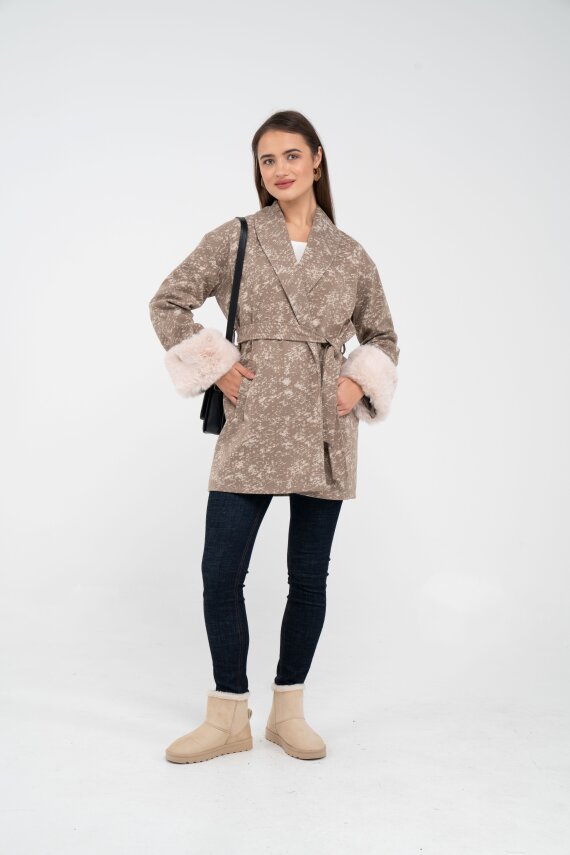 Desenli Kürk Manşet Detaylı Kuşaklı Kadın Kaban 1766 - 19