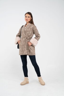 Desenli Kürk Manşet Detaylı Kuşaklı Kadın Kaban 1766 - 20