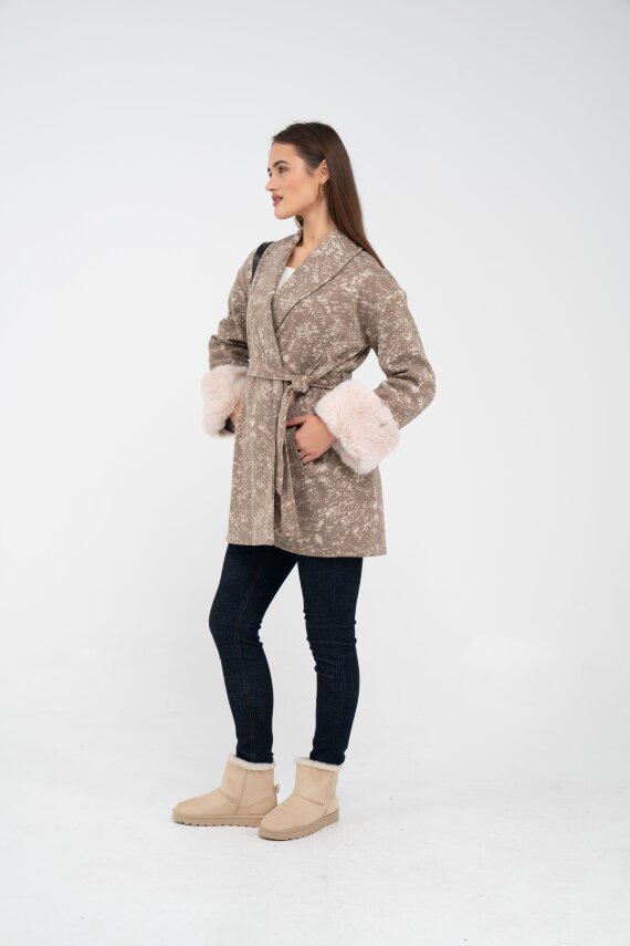 Desenli Kürk Manşet Detaylı Kuşaklı Kadın Kaban 1766 - 21