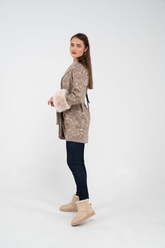 Desenli Kürk Manşet Detaylı Kuşaklı Kadın Kaban 1766 - 22