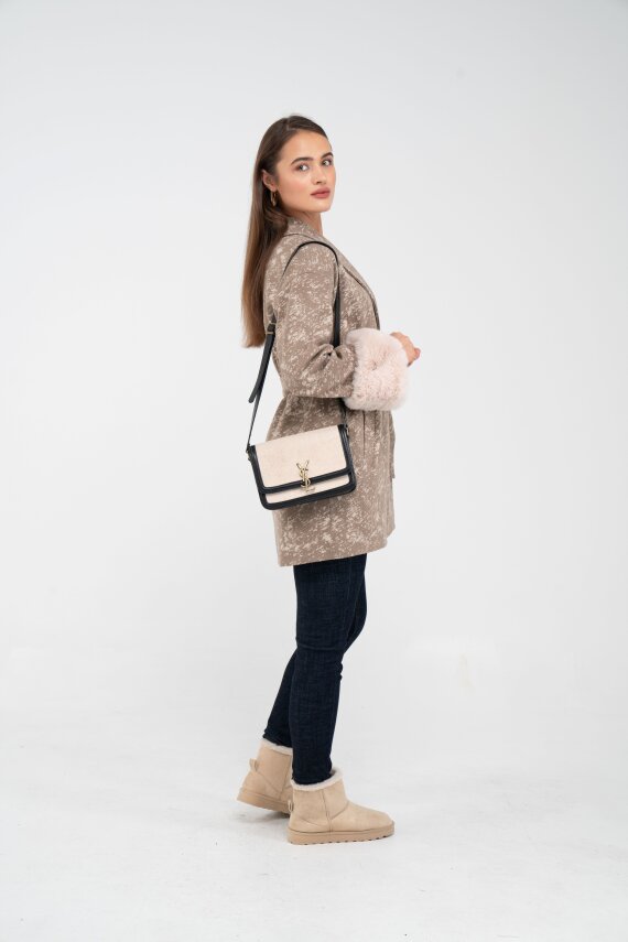 Desenli Kürk Manşet Detaylı Kuşaklı Kadın Kaban 1766 - 23