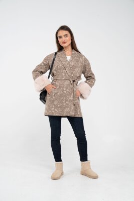 Desenli Kürk Manşet Detaylı Kuşaklı Kadın Kaban 1766 - 24