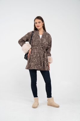 Desenli Kürk Manşet Detaylı Kuşaklı Kadın Kaban 1766 - 26