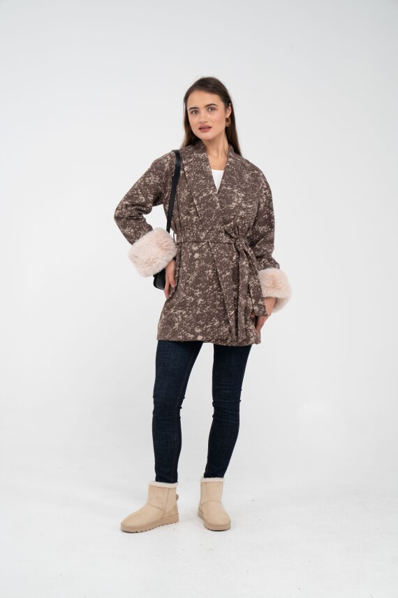 Desenli Kürk Manşet Detaylı Kuşaklı Kadın Kaban 1766 - 27