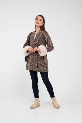 Desenli Kürk Manşet Detaylı Kuşaklı Kadın Kaban 1766 - 28