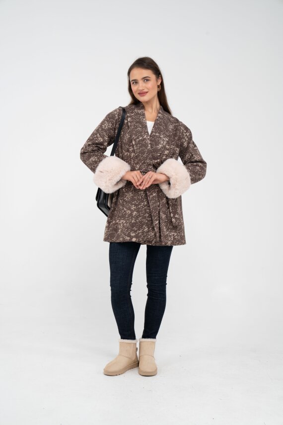 Desenli Kürk Manşet Detaylı Kuşaklı Kadın Kaban 1766 - 29