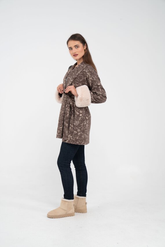 Desenli Kürk Manşet Detaylı Kuşaklı Kadın Kaban 1766 - 30