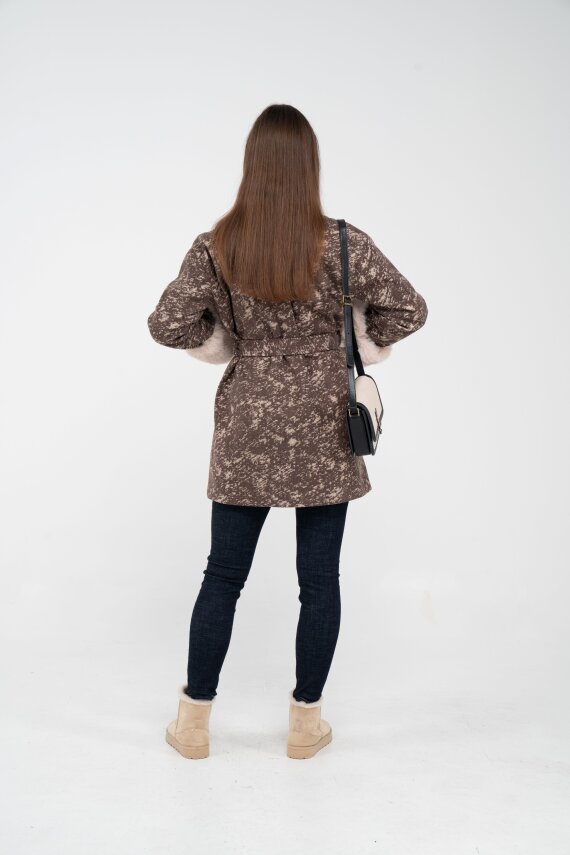 Desenli Kürk Manşet Detaylı Kuşaklı Kadın Kaban 1766 - 34