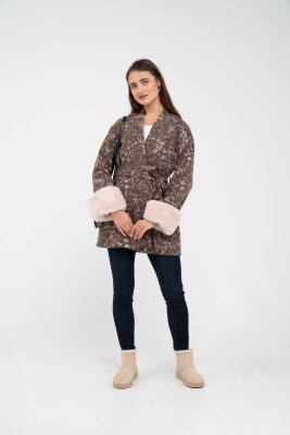 Desenli Kürk Manşet Detaylı Kuşaklı Kadın Kaban 1766 - 32