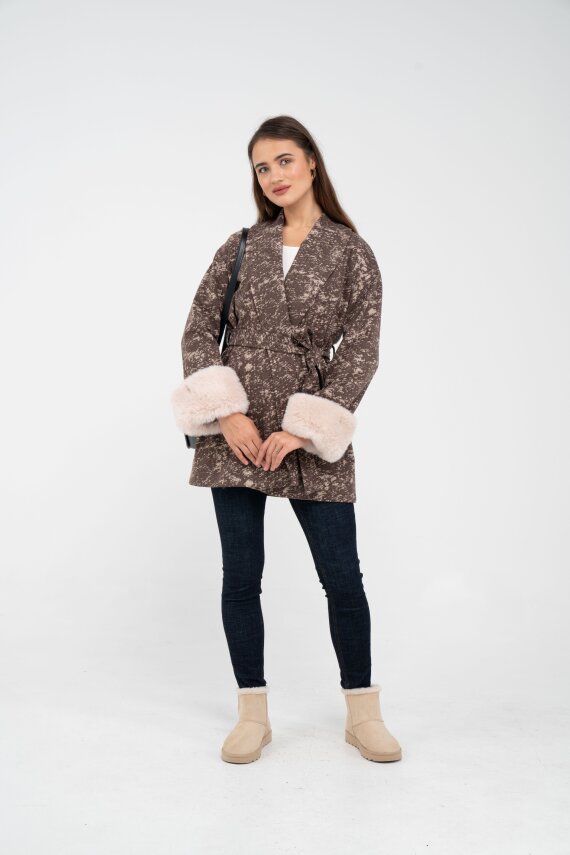 Desenli Kürk Manşet Detaylı Kuşaklı Kadın Kaban 1766 - 32