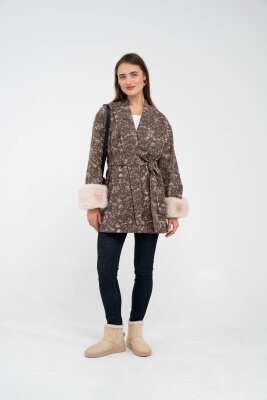 Desenli Kürk Manşet Detaylı Kuşaklı Kadın Kaban 1766 - 33