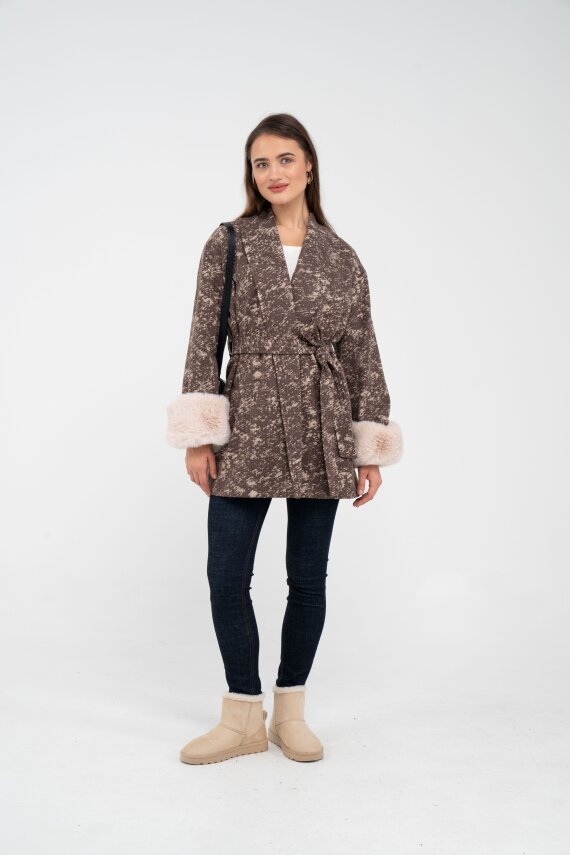 Desenli Kürk Manşet Detaylı Kuşaklı Kadın Kaban 1766 - 33