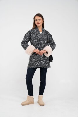 Desenli Kürk Manşet Detaylı Kuşaklı Kadın Kaban 1766 - 35