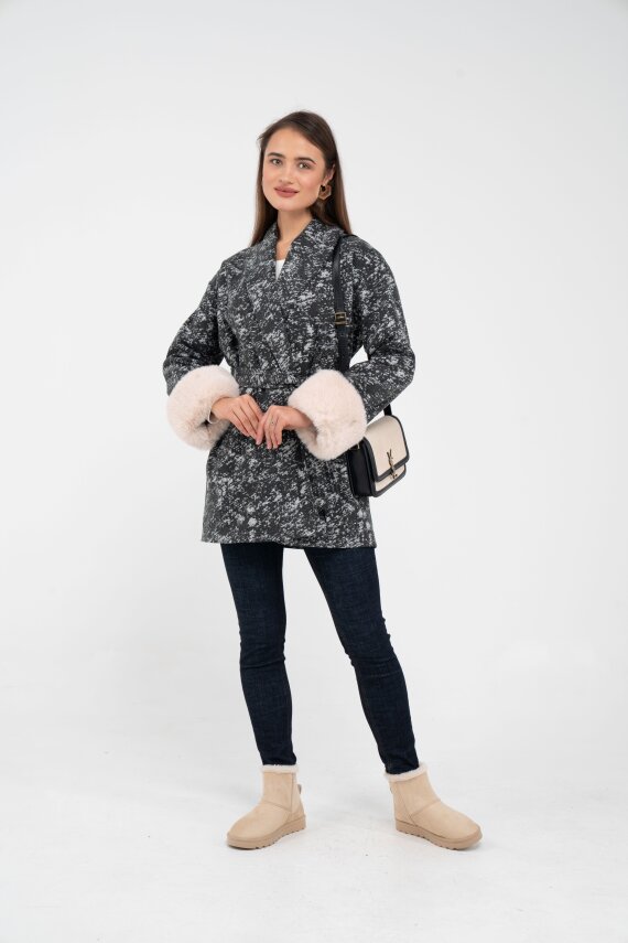 Desenli Kürk Manşet Detaylı Kuşaklı Kadın Kaban 1766 - 36