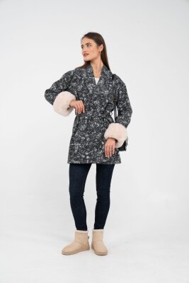 Desenli Kürk Manşet Detaylı Kuşaklı Kadın Kaban 1766 - 37