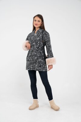 Desenli Kürk Manşet Detaylı Kuşaklı Kadın Kaban 1766 - 38