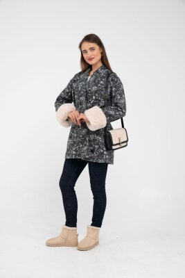 Desenli Kürk Manşet Detaylı Kuşaklı Kadın Kaban 1766 - 39