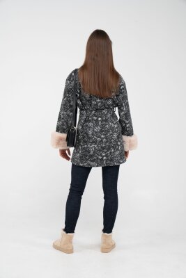 Desenli Kürk Manşet Detaylı Kuşaklı Kadın Kaban 1766 - 43