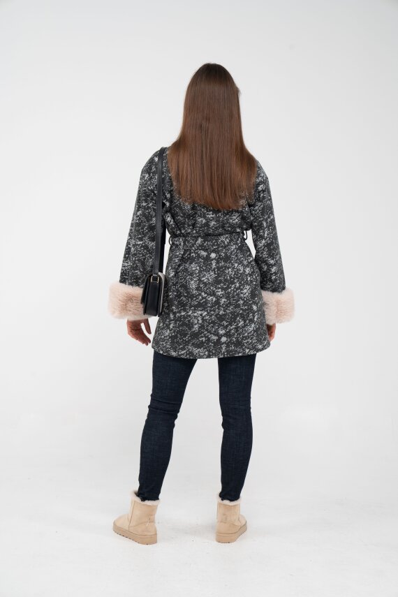 Desenli Kürk Manşet Detaylı Kuşaklı Kadın Kaban 1766 - 43