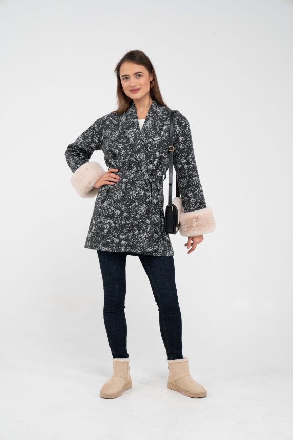 Desenli Kürk Manşet Detaylı Kuşaklı Kadın Kaban 1766 - 41