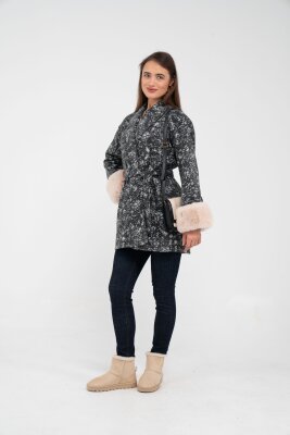 Desenli Kürk Manşet Detaylı Kuşaklı Kadın Kaban 1766 - 42