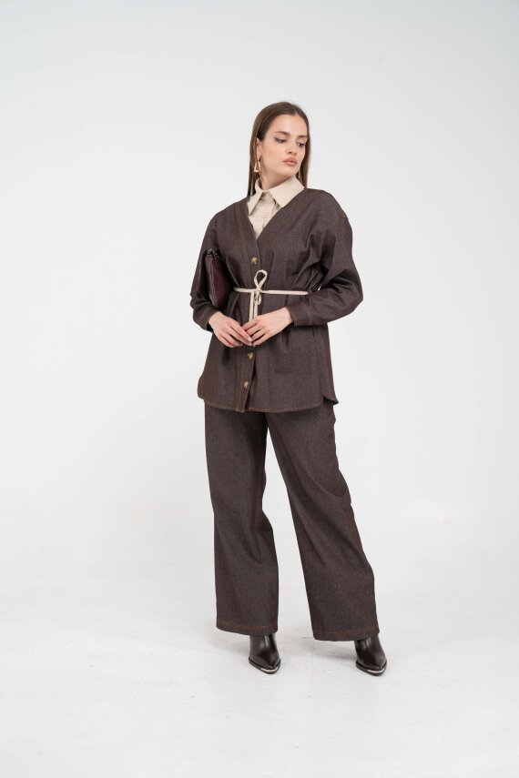 Dikiş Detaylı Kuşaklı Kadın Takım 9002 - 1