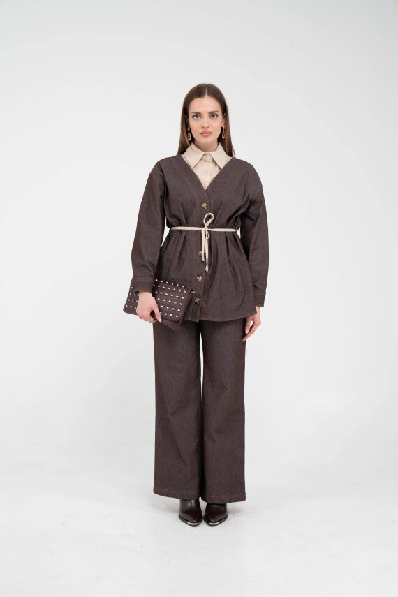 Dikiş Detaylı Kuşaklı Kadın Takım 9002 - 2