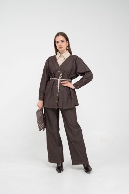 Dikiş Detaylı Kuşaklı Kadın Takım 9002 - 3