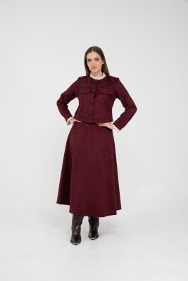 Düğme Detaylı Süet Etek Ceket Takım K8089 - SASİLVA