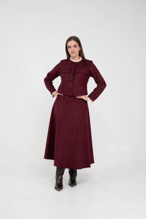 Düğme Detaylı Süet Etek Ceket Takım K8089 - 1