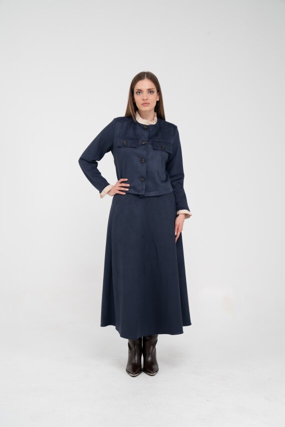 Düğme Detaylı Süet Etek Ceket Takım K8089 - 7