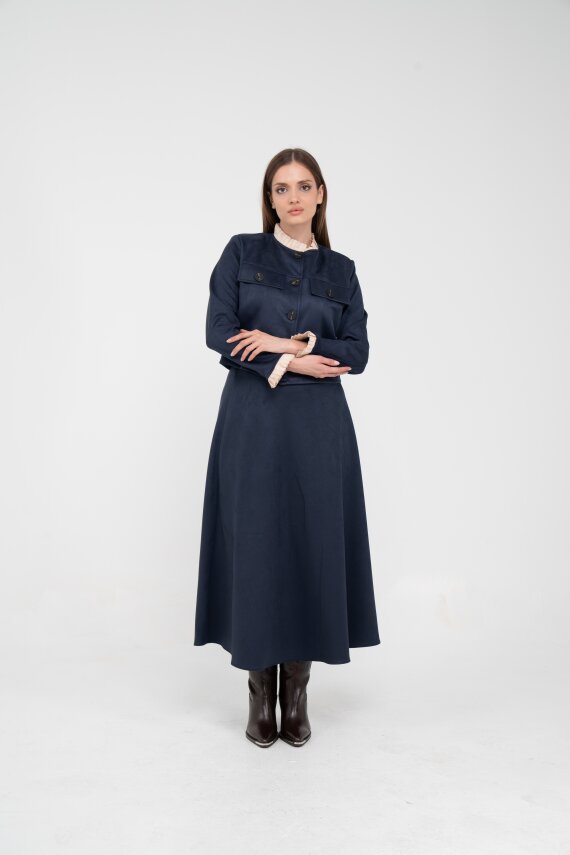 Düğme Detaylı Süet Etek Ceket Takım K8089 - 11