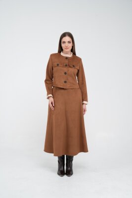 Düğme Detaylı Süet Etek Ceket Takım K8089 - 12