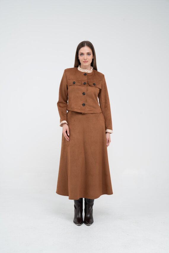 Düğme Detaylı Süet Etek Ceket Takım K8089 - 12