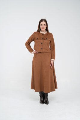 Düğme Detaylı Süet Etek Ceket Takım K8089 - 13