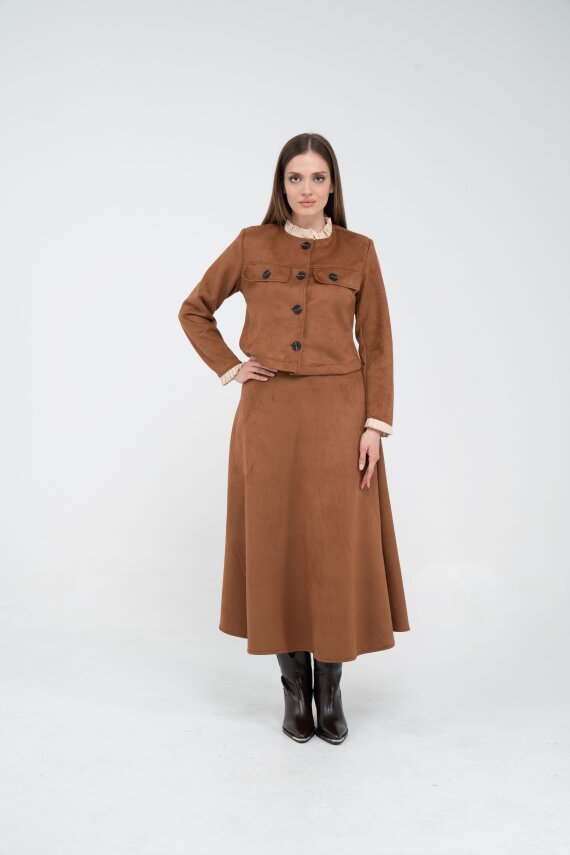 Düğme Detaylı Süet Etek Ceket Takım K8089 - 13