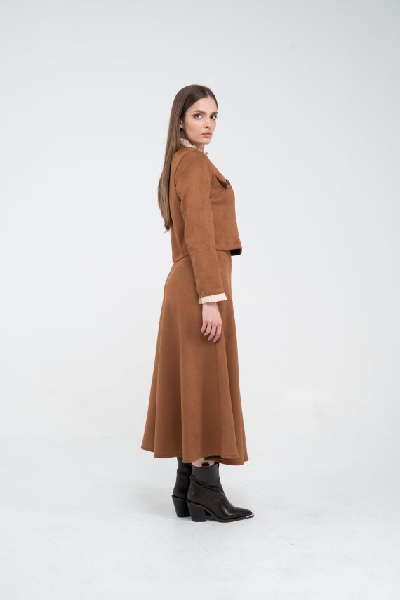 Düğme Detaylı Süet Etek Ceket Takım K8089 - 17