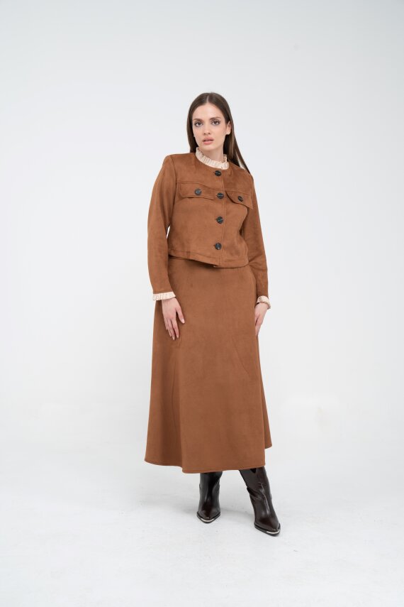 Düğme Detaylı Süet Etek Ceket Takım K8089 - 14