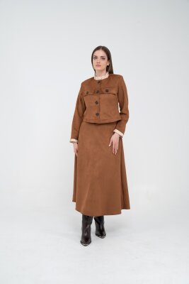 Düğme Detaylı Süet Etek Ceket Takım K8089 - 16